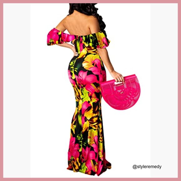 Off Shoulder Maxi Dress Elastic Waist Floral Long Party Dresses - Picture 2 of 6